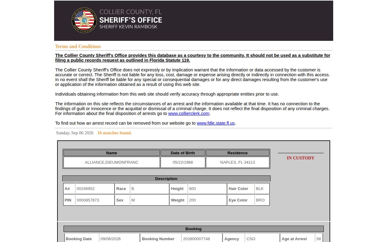 Collier County Sheriff's Office Today's Arrest Reports interface