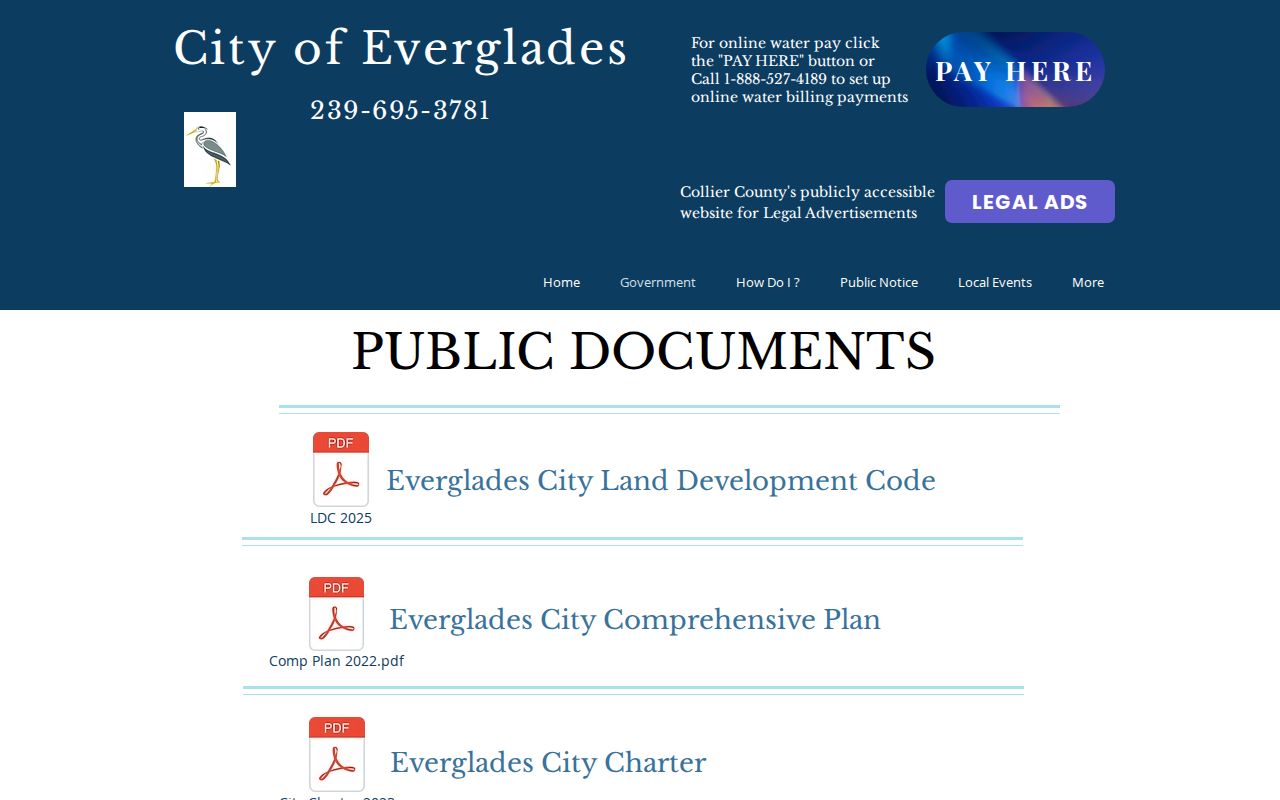 Everglades City municipal public documents page distinguished from arrest records